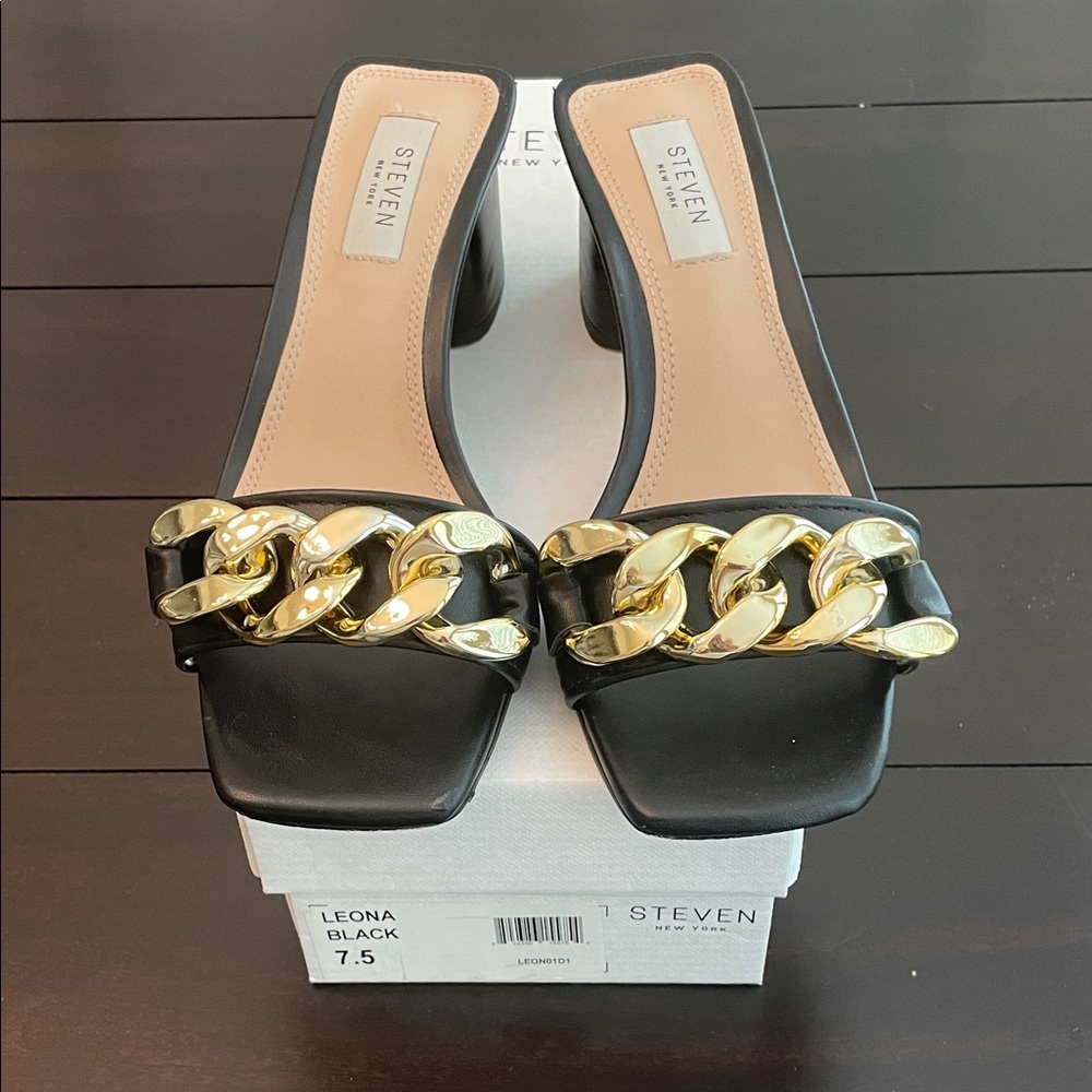 Steven Black Mules with Gold Chain Detail